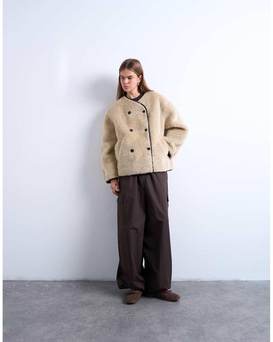TOPSHOP Natural Ovoid Short Shearling Double Breasted Jacket