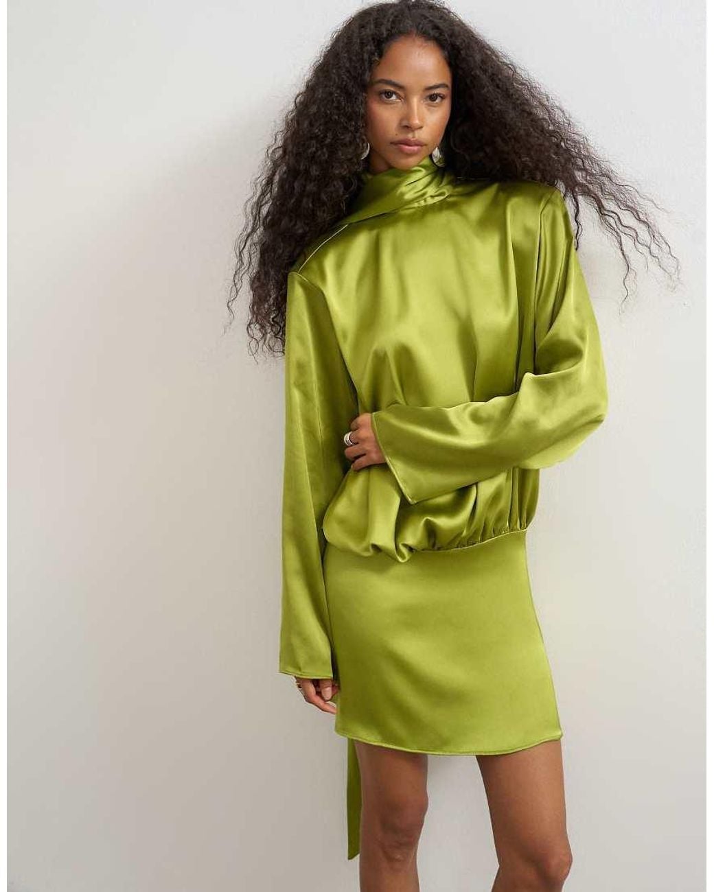 TOPSHOP Green High Scarf Tie Neck Satin Mini Dress