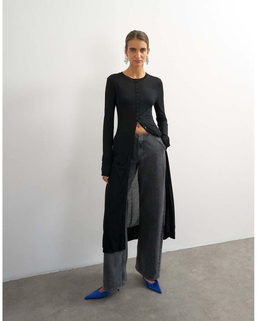 TOPSHOP Black Sheer Button Down Long Line Top