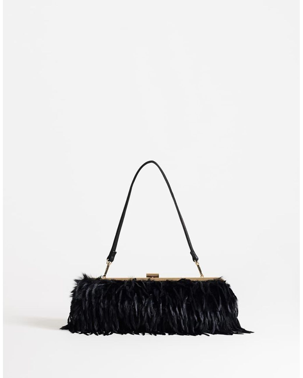 TOPSHOP Black Steele Small Faux Feather Shoulder Bag
