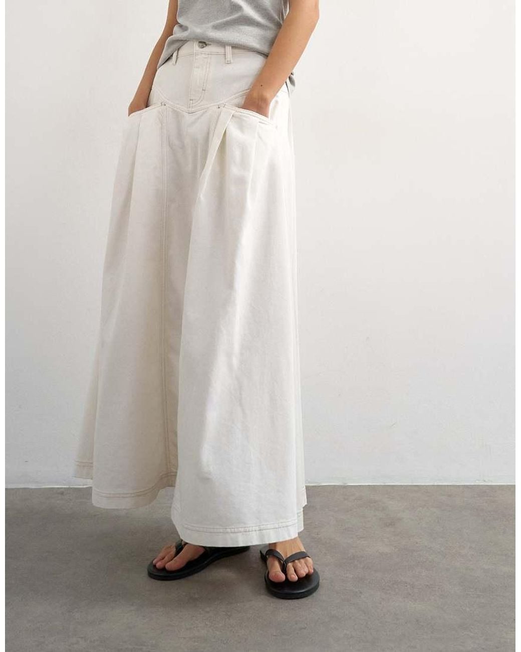 TOPSHOP White Denim Pleated Maxi Skirt
