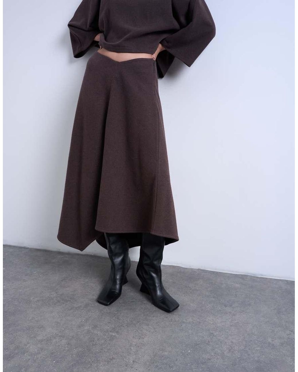 TOPSHOP Brown Soft-touch Hanky Hem Asymmetric Skirt
