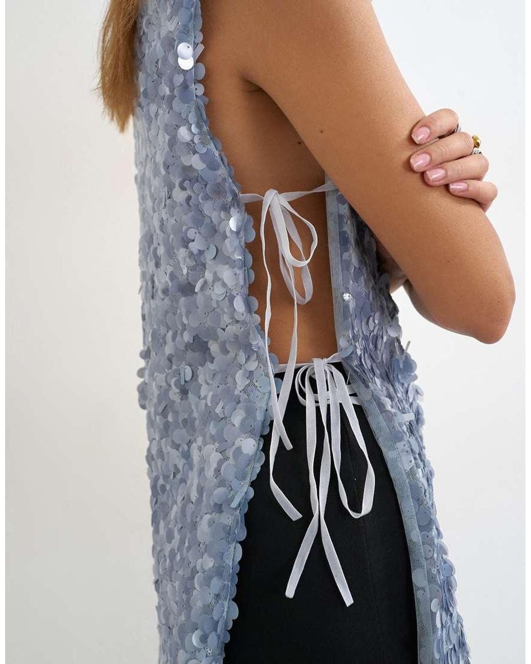 TOPSHOP Blue Mixed Sequin Tie Side Tunic Top