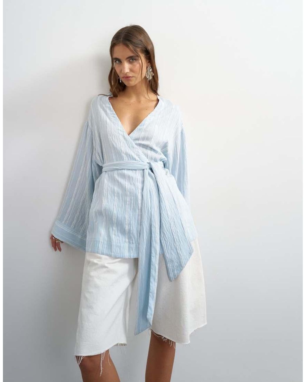 TOPSHOP Blue Wrap Tie Detail Top