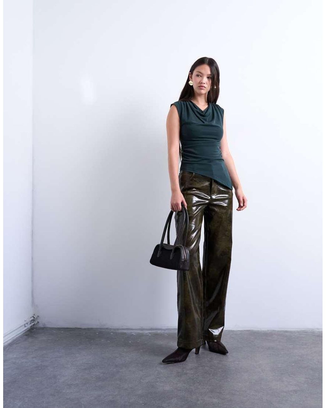TOPSHOP Gray Faux Leather High Shine Scoop Pocket Wide Leg Trouser