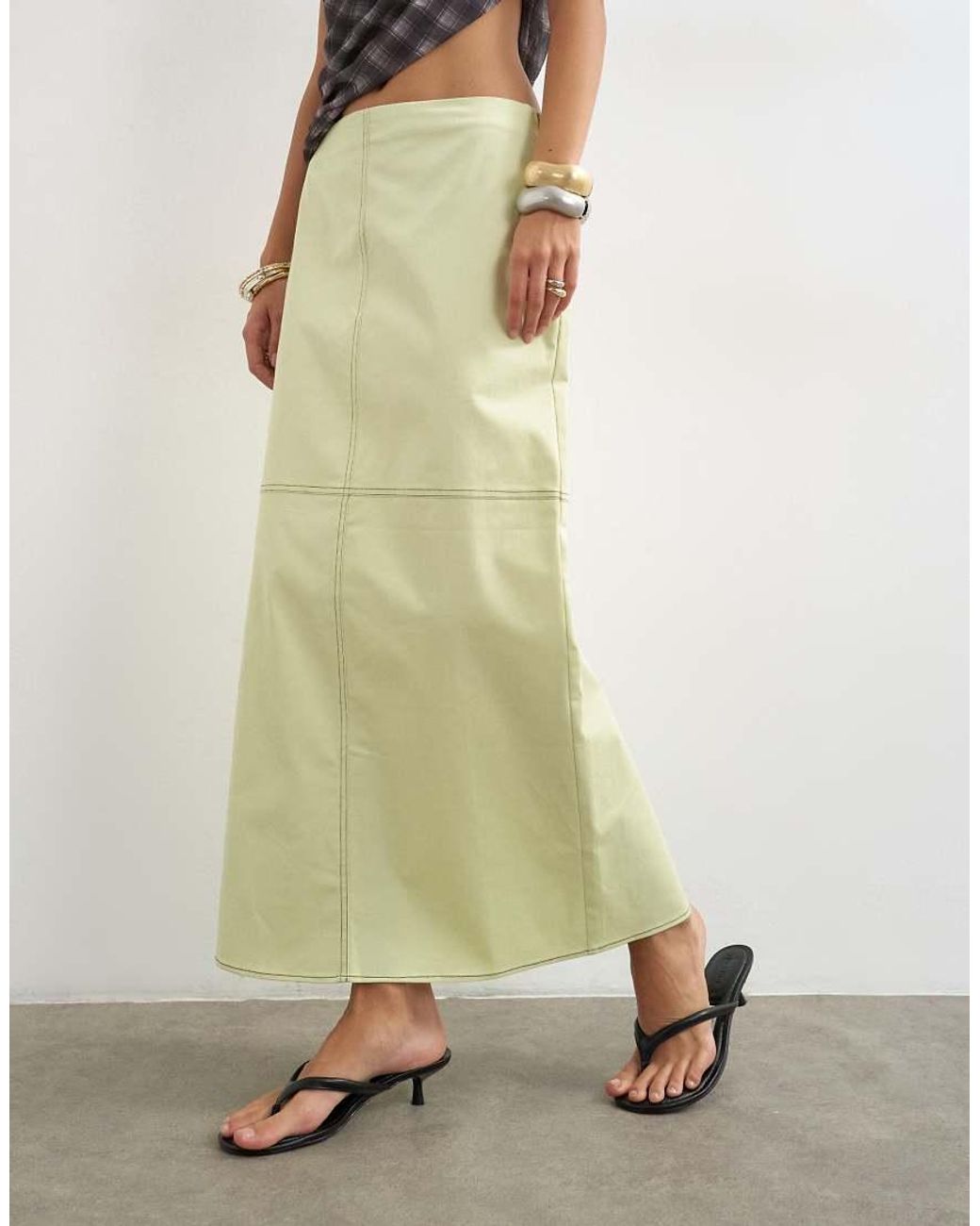 TOPSHOP Green Column Midi Skirt With Contrast Stitch Detail