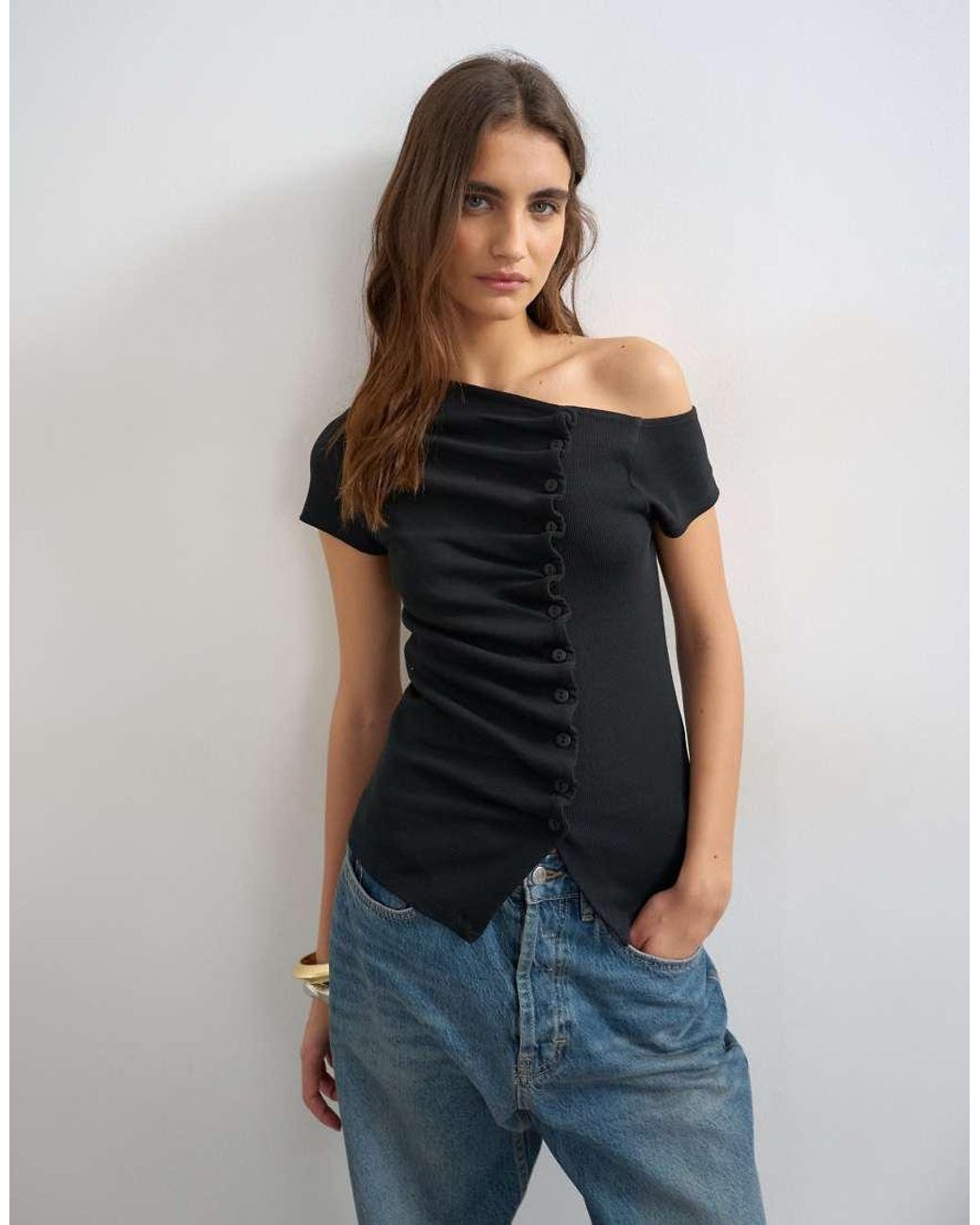 TOPSHOP Black Bardot Button Through Top