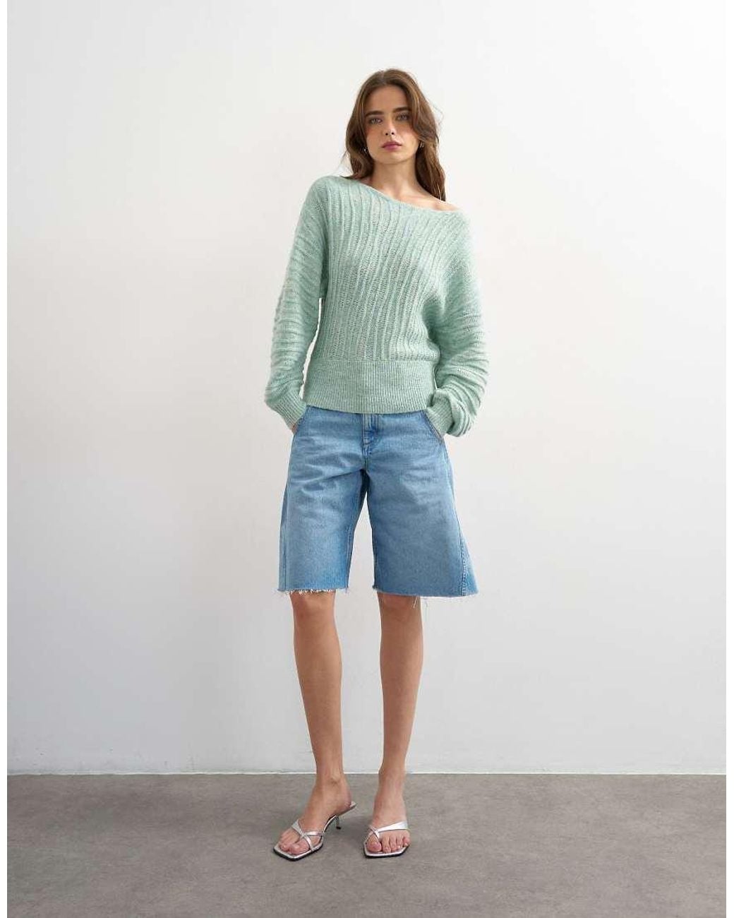 TOPSHOP Blue Knitted Slash Neck Wave Textured Jumper