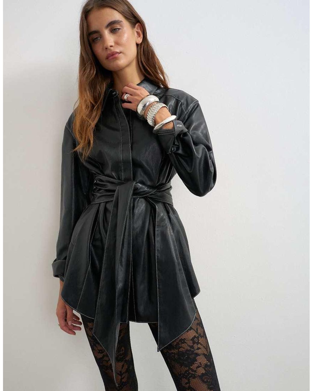 TOPSHOP Black Faux Leather Contrast Stitch Belted Shirt