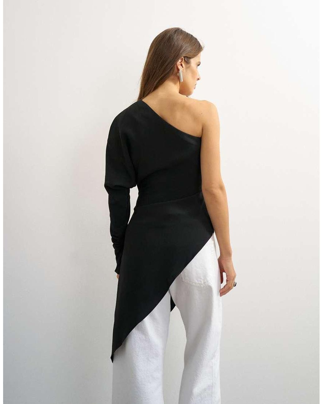 TOPSHOP White One Shoulder Draped Long Sleeve Asymmetric Tunic