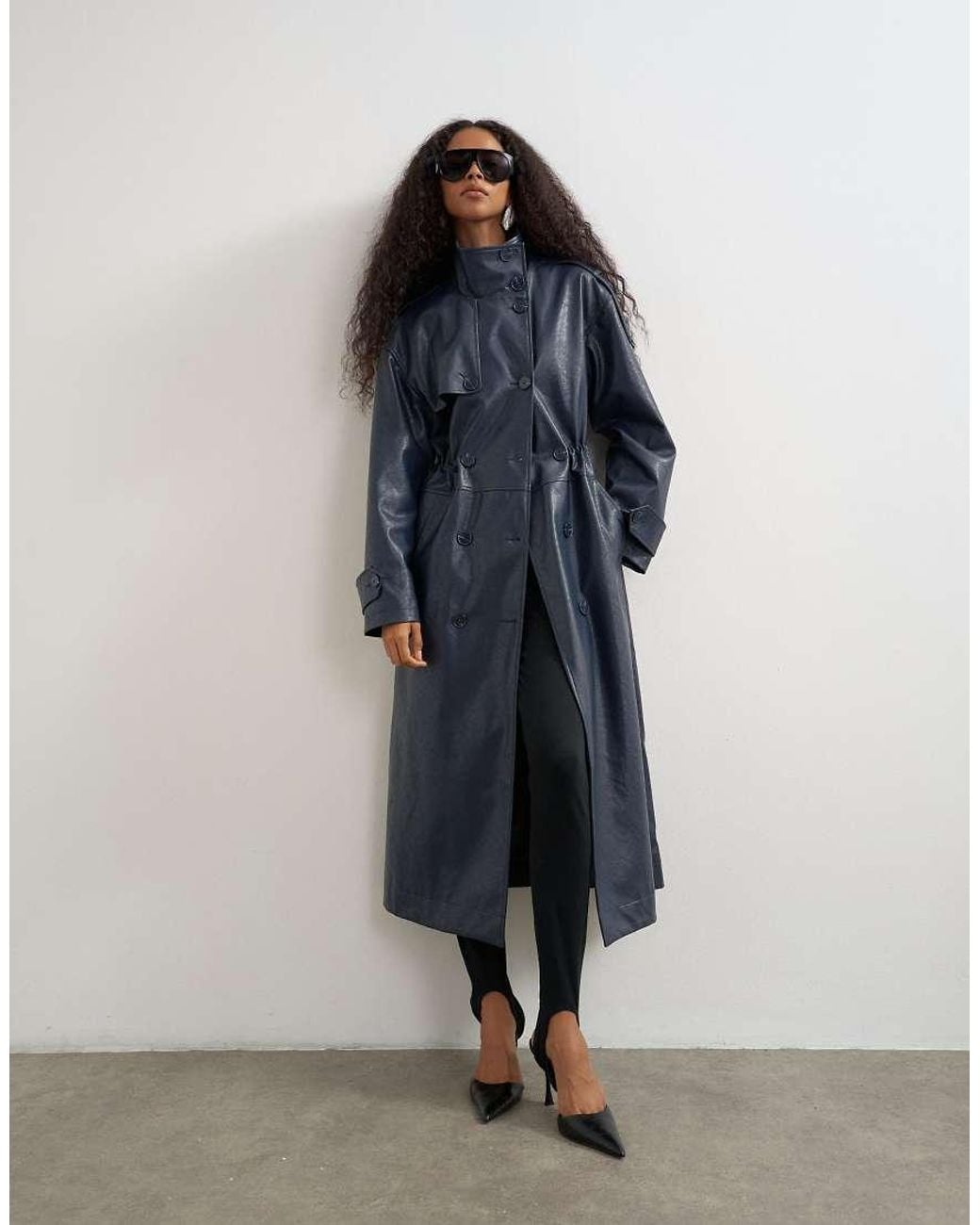 TOPSHOP Blue Faux Leather Longline Cinch Waist Trench Coat