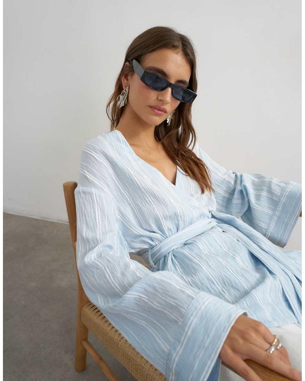 TOPSHOP Blue Wrap Tie Detail Top