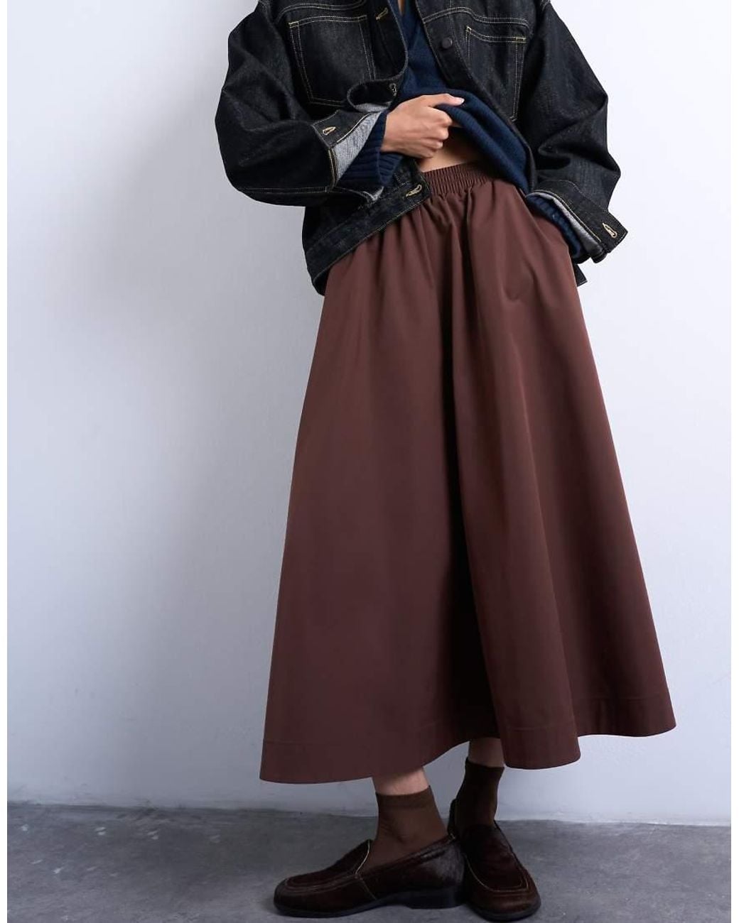 TOPSHOP Brown Full Circle Midi Skirt With Elasticated Waist
