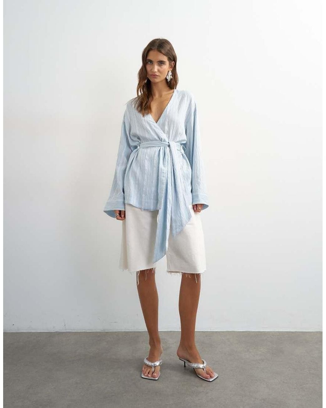 TOPSHOP Blue Wrap Tie Detail Top