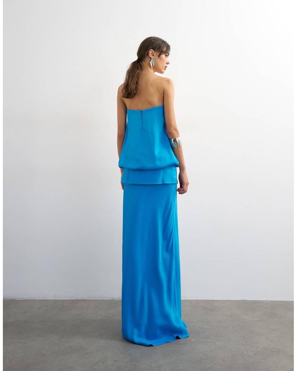 TOPSHOP Blue Satin Dropped Waist Blouson Bandeau Maxi Dress
