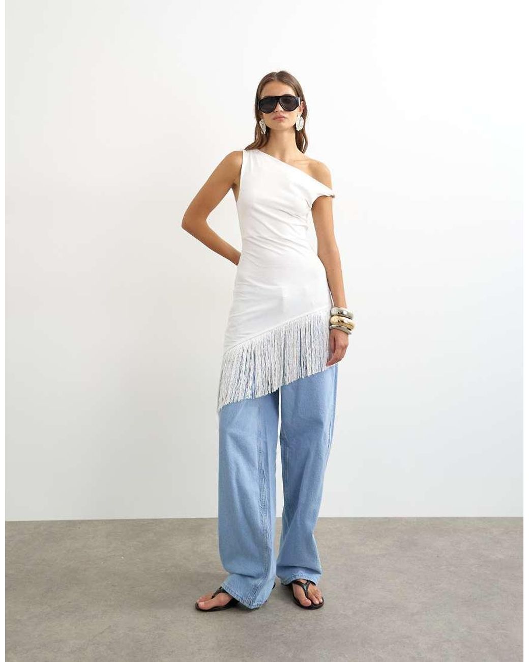 TOPSHOP White Fringe Hem Asymmetric Top