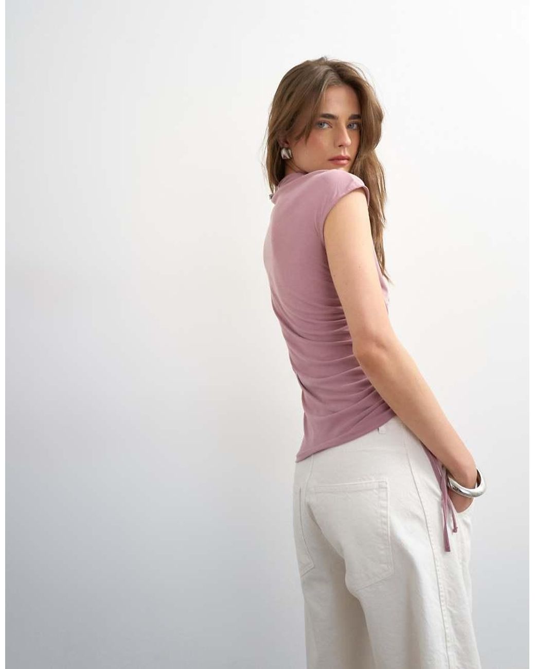 TOPSHOP Brown Ruched Detail Cupro Top
