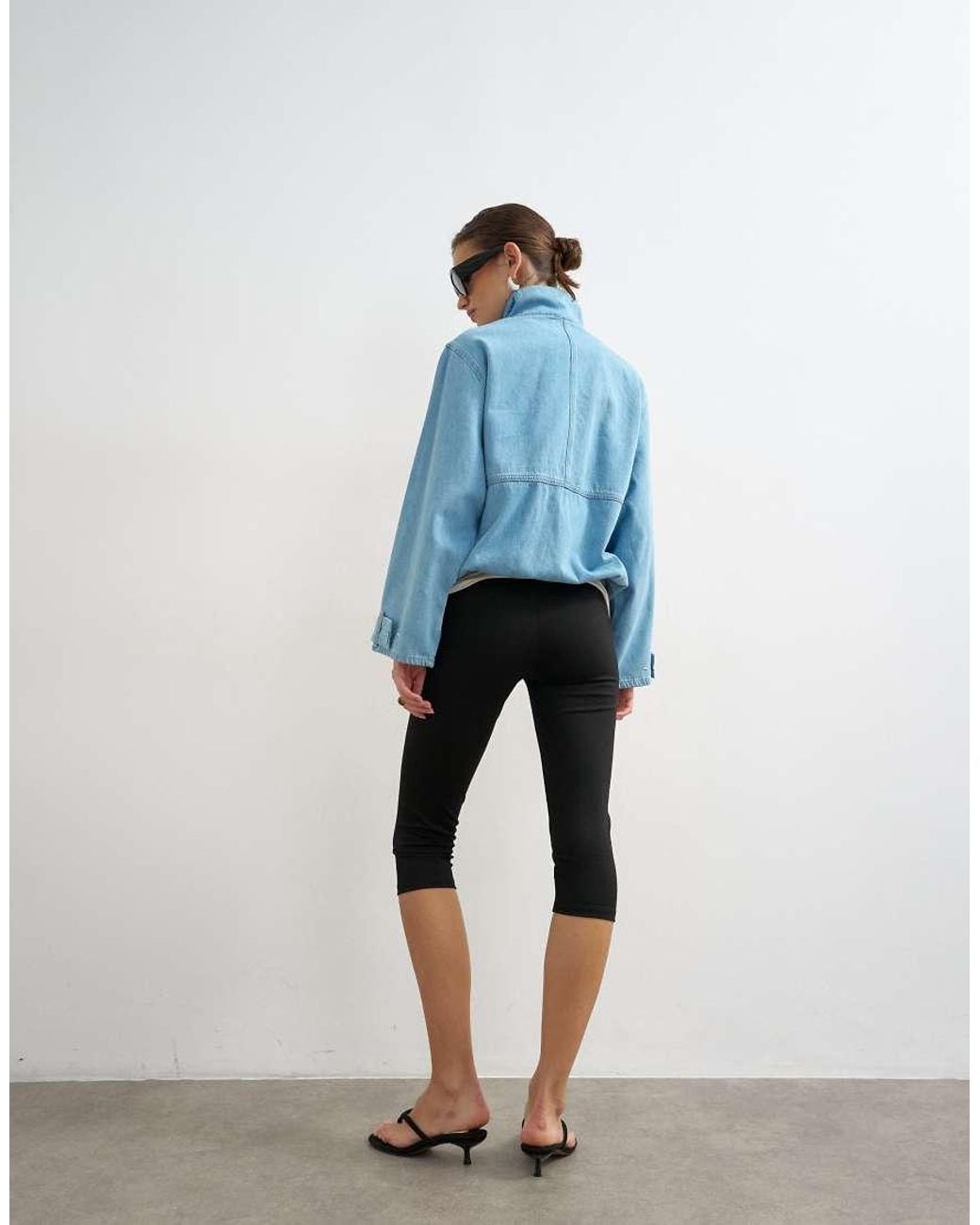 TOPSHOP White Denim Funnel Neck Bubble Hem Top