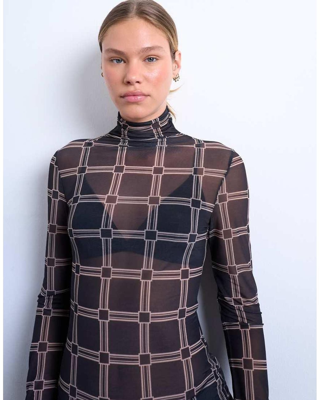 TOPSHOP Blue Mesh High Neck Check Print Long Sleeve Top