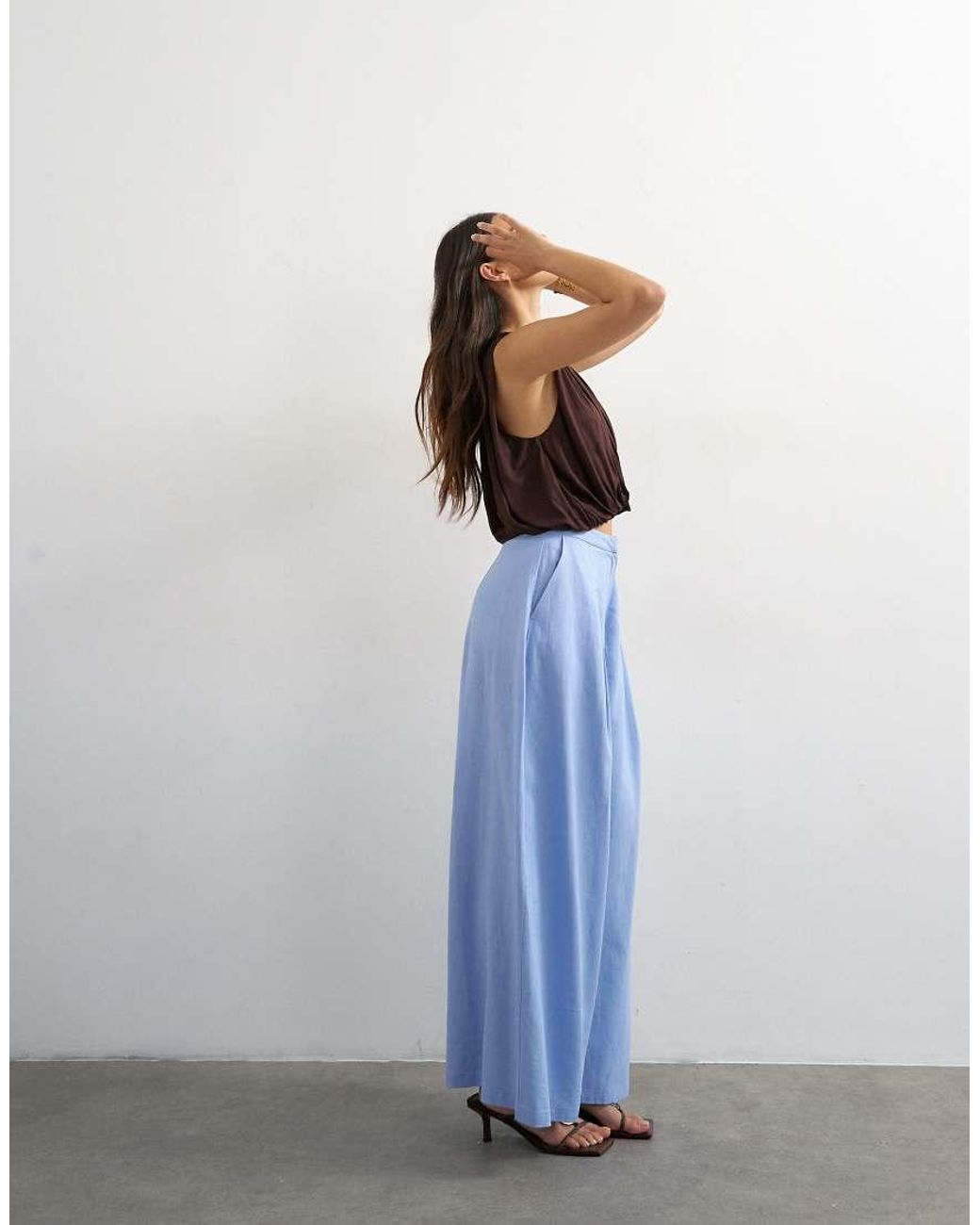 TOPSHOP Blue Linen A Line Wide Leg Trouser