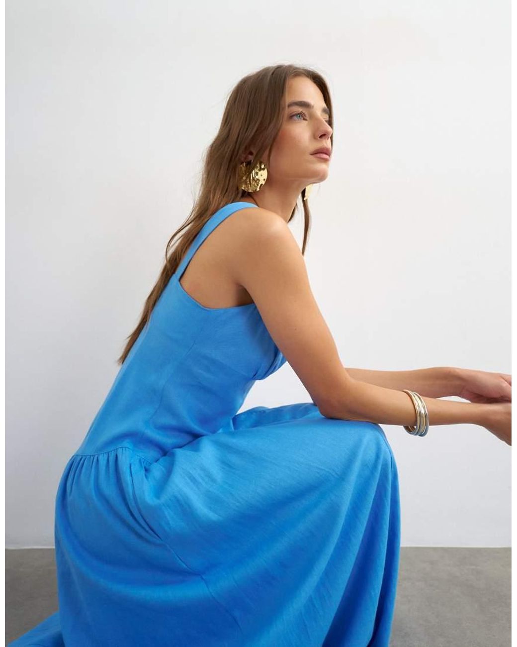 TOPSHOP Blue Linen Rich Dropped Waist Maxi Sundress
