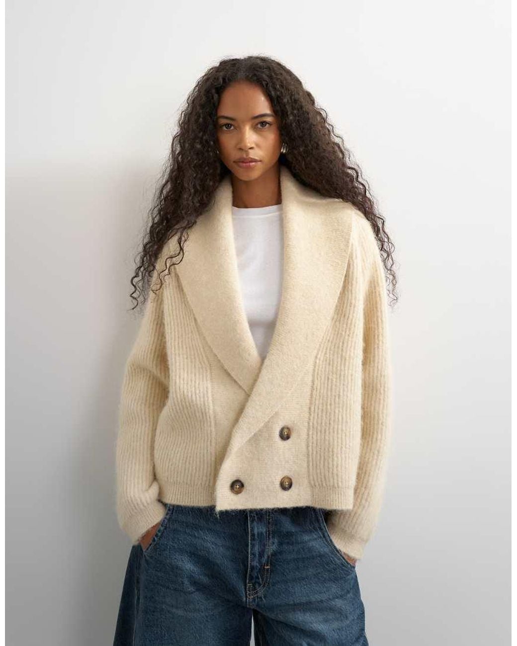 TOPSHOP Natural Knit Slouchy Button Front Shawl Collared Cardigan
