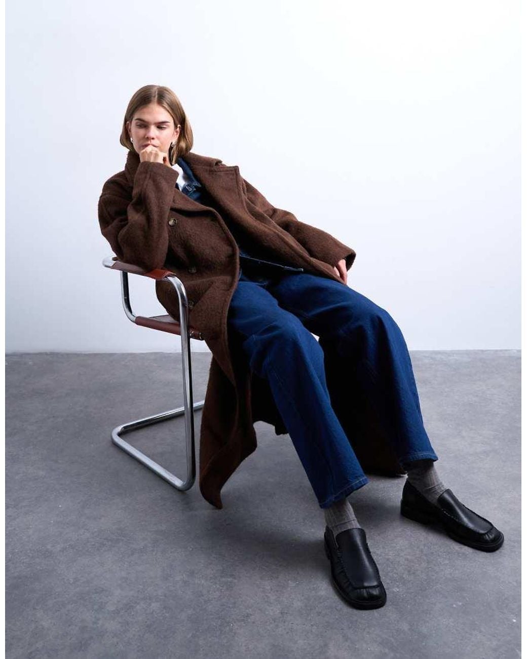 TOPSHOP Brown Unlined Double Breasted Longline Coat With Wool