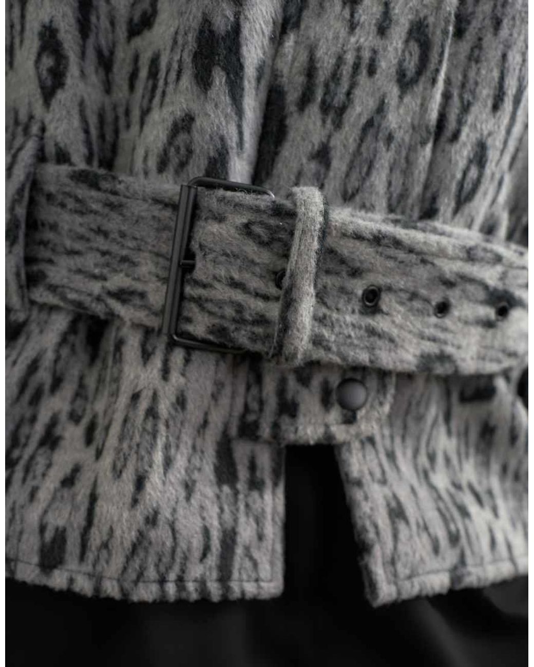 TOPSHOP Gray Animal Printed Wool Blend Belted Jacket