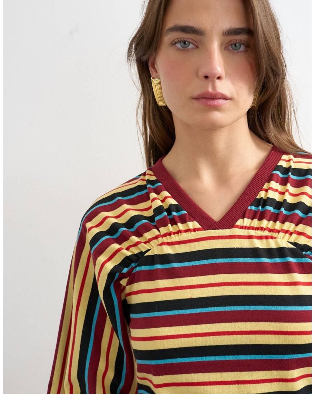 TOPSHOP White Stripe Gather Yoke Seam Long Sleeve Top