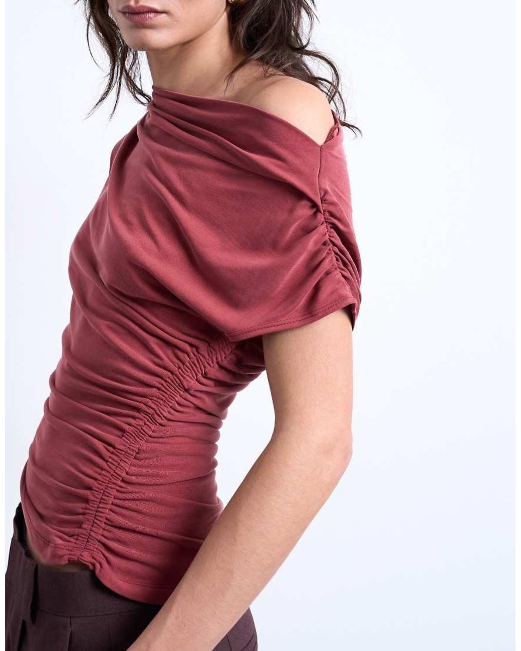 TOPSHOP Red Cupro Ruched Detail Top