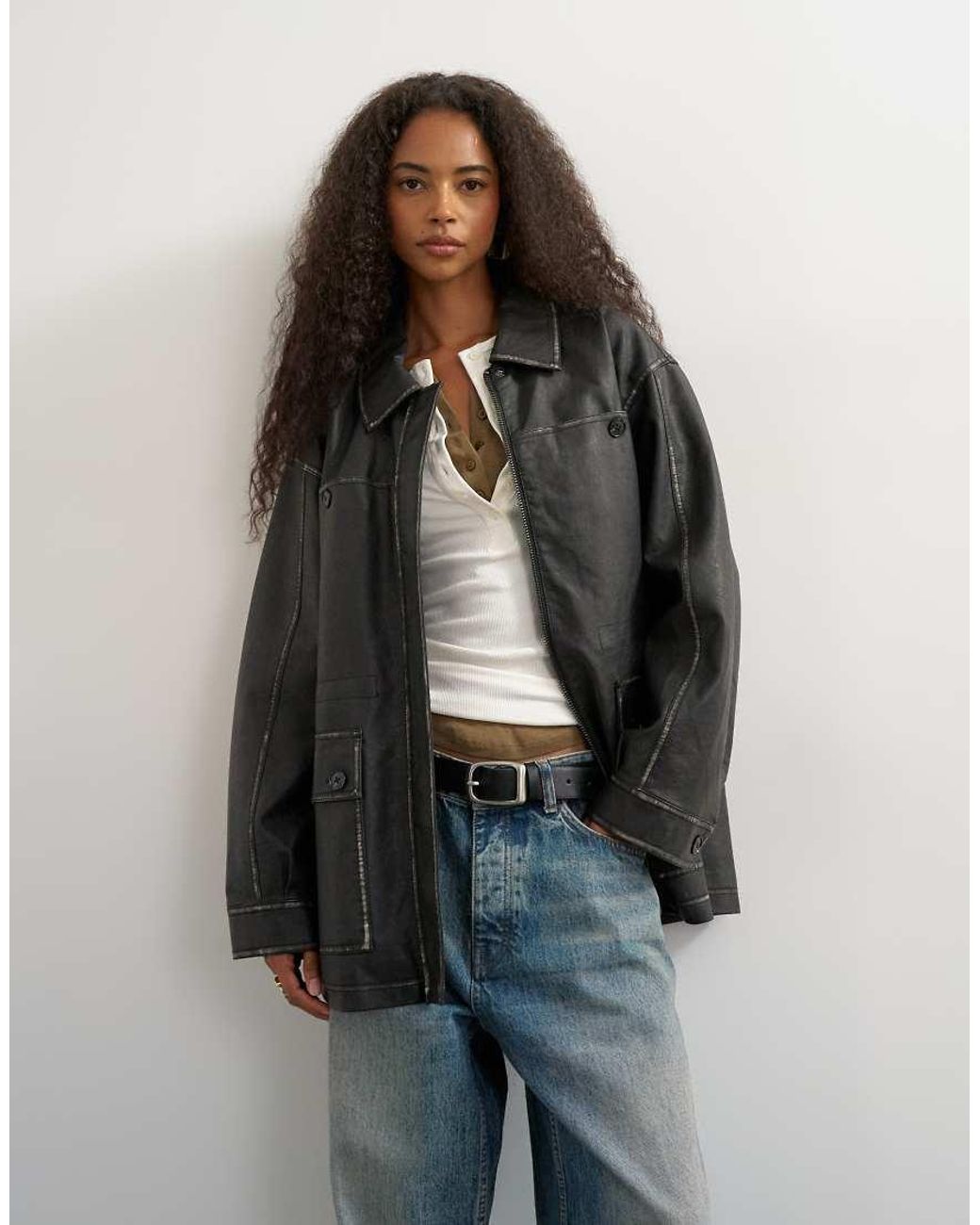 TOPSHOP Blue Faux Leather Cinch Waist Jacket