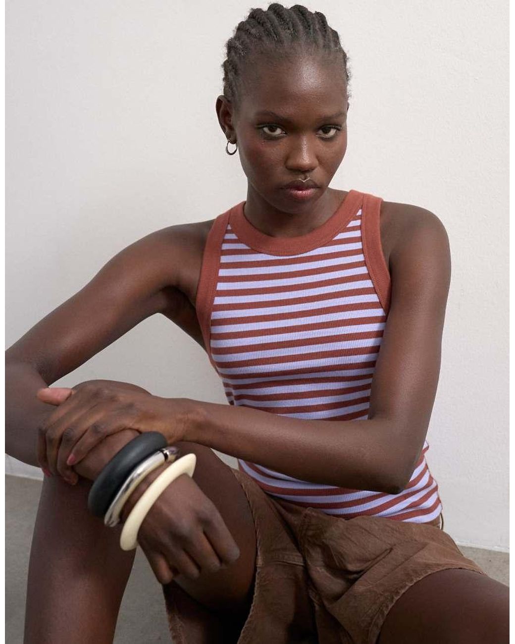 TOPSHOP Brown Stripe Rib Racer Vest
