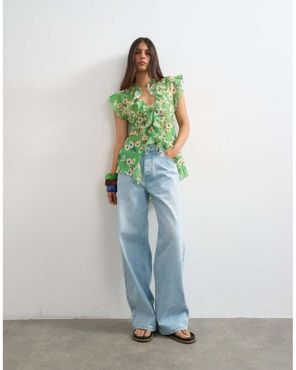 TOPSHOP Green Ruffle V Neck Top