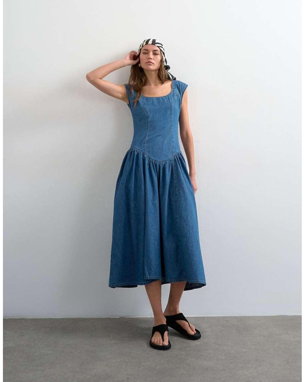 TOPSHOP Blue Denim Drop Waist Midi Dress