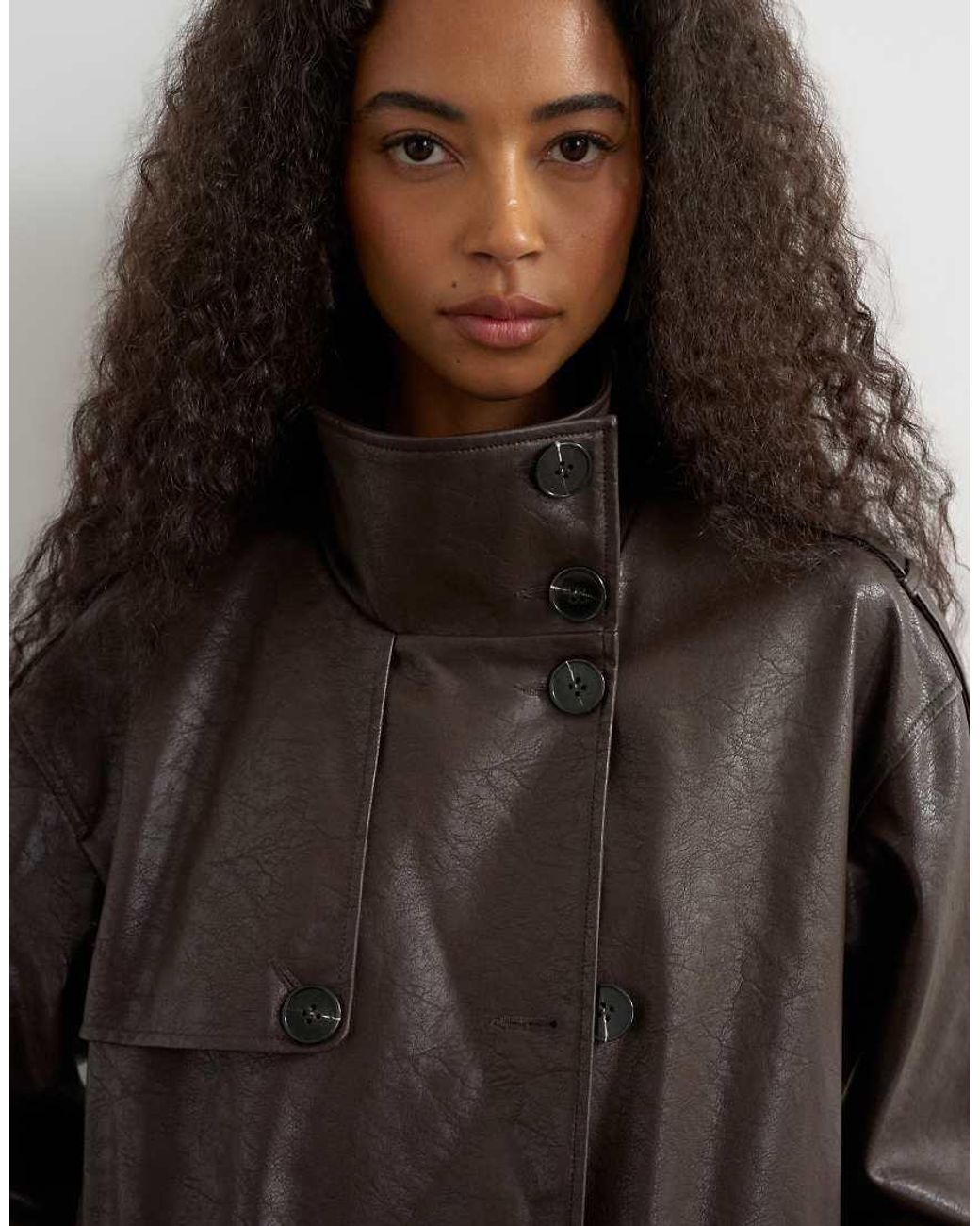 TOPSHOP Black Faux Leather Longline Cinch Waist Trench Coat
