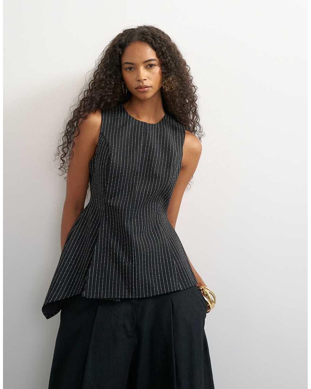 TOPSHOP Black Co Ord Striped Assymetric Hem Top