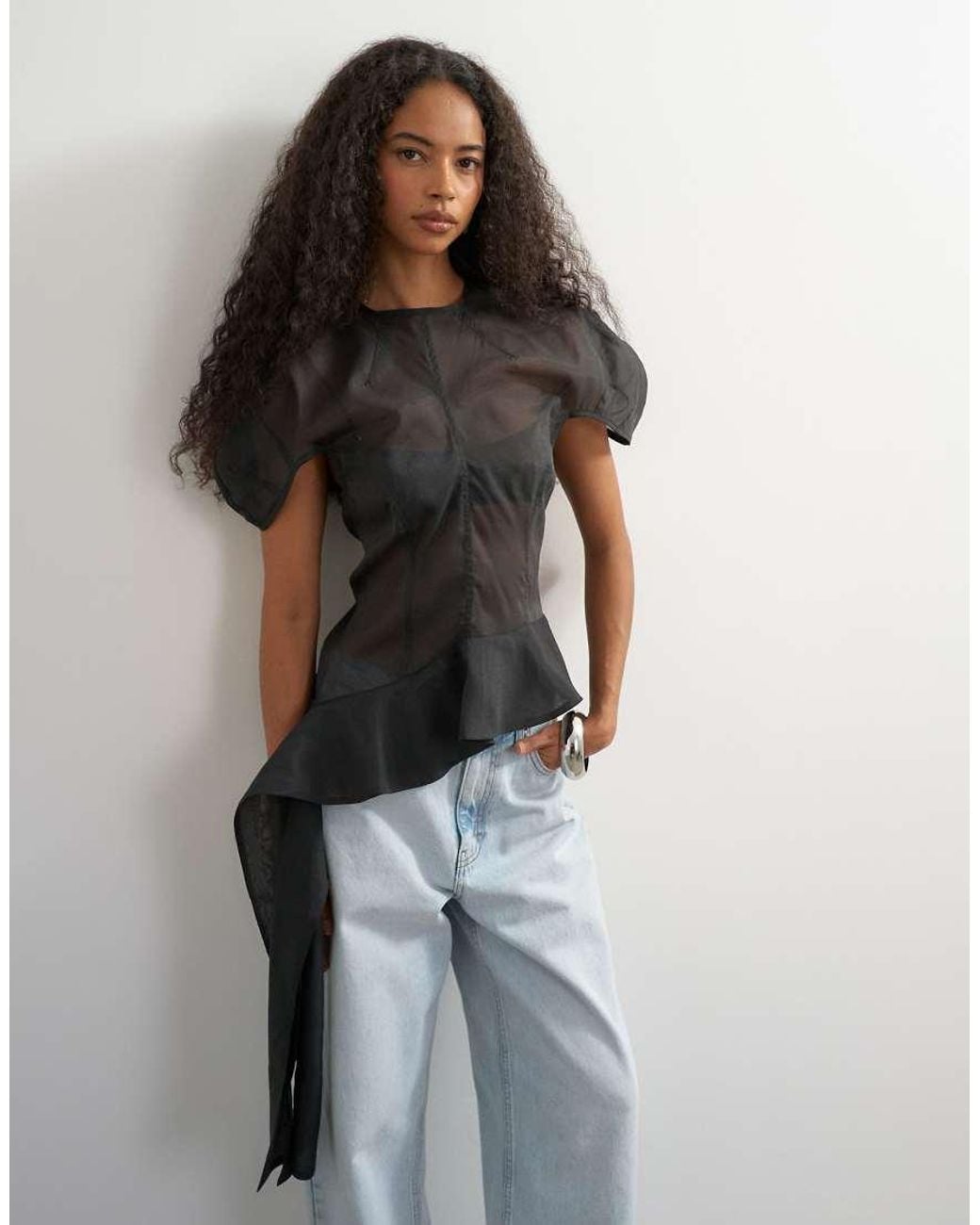 TOPSHOP Black Puff Sleeve Organza Ruffle Detail Top