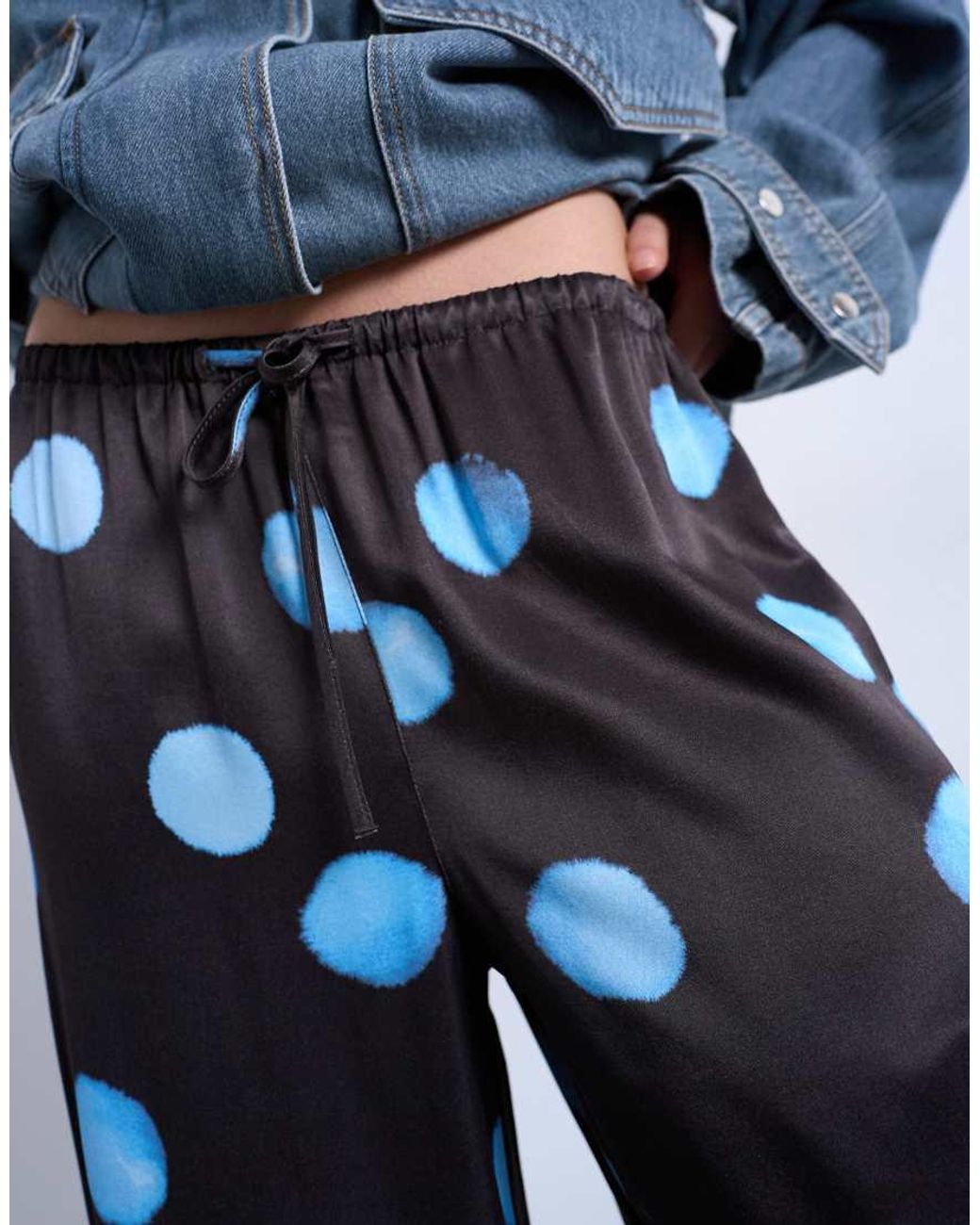 TOPSHOP Blue Satin Wide Leg With Tie Waist Trouser