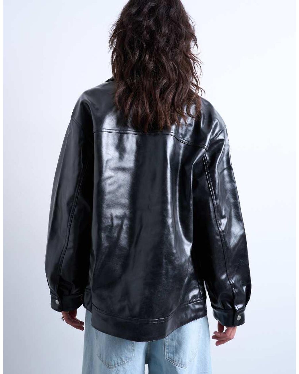 TOPSHOP Blue Faux Leather Shiny Mottled Patch Pocket Shacket
