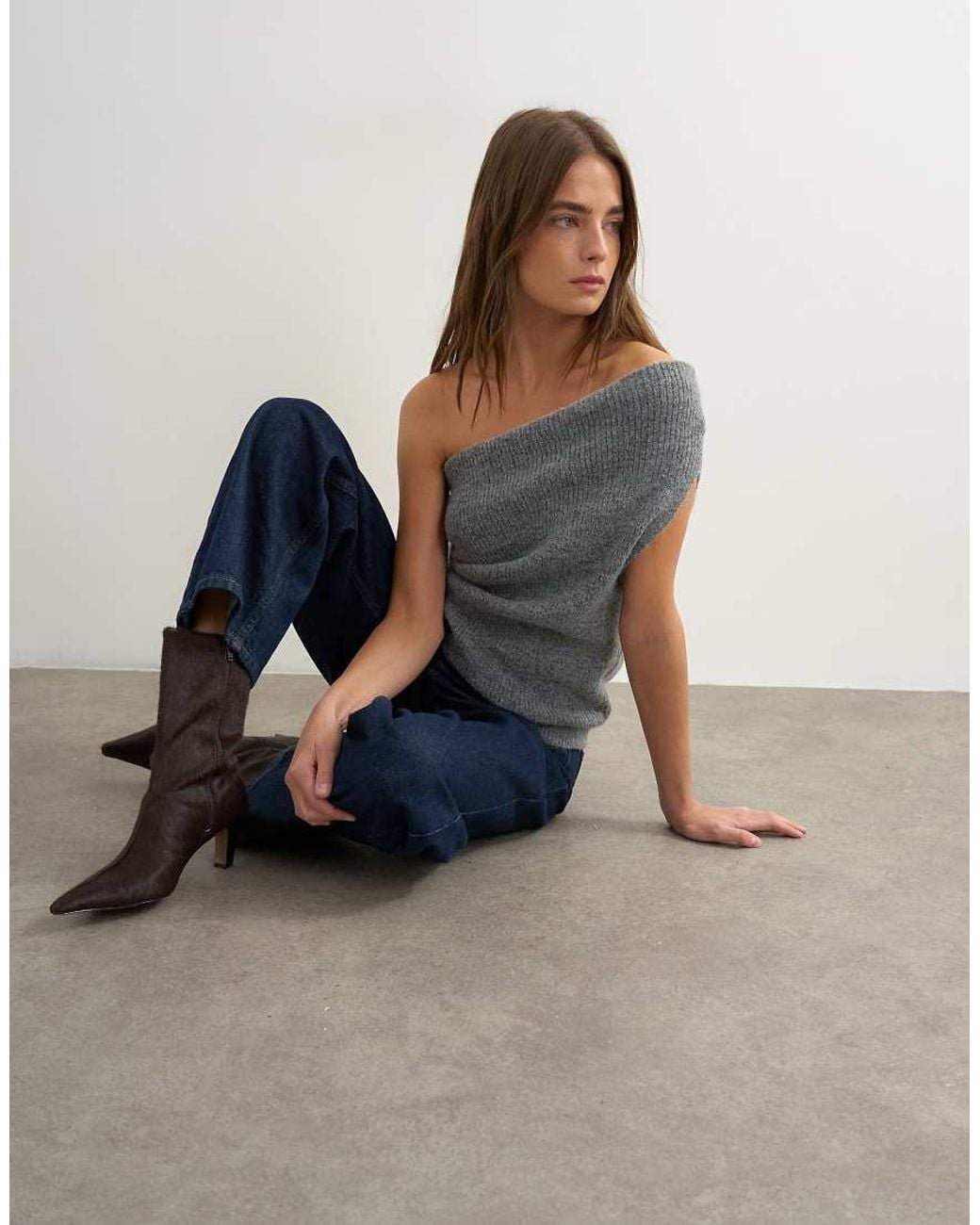 TOPSHOP Blue Knitted One Shoulder Draped Top