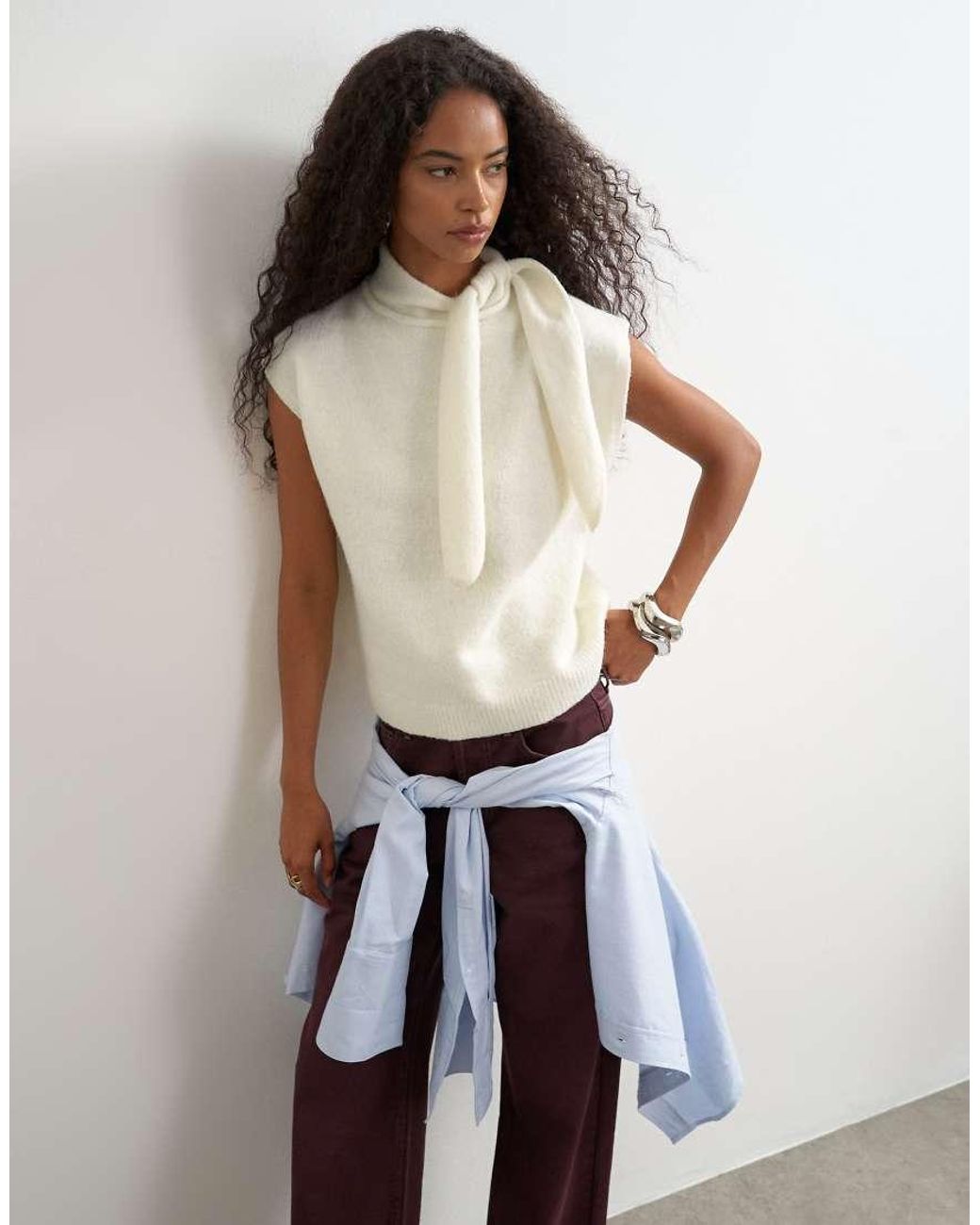TOPSHOP White Knitted Tie Neck Top