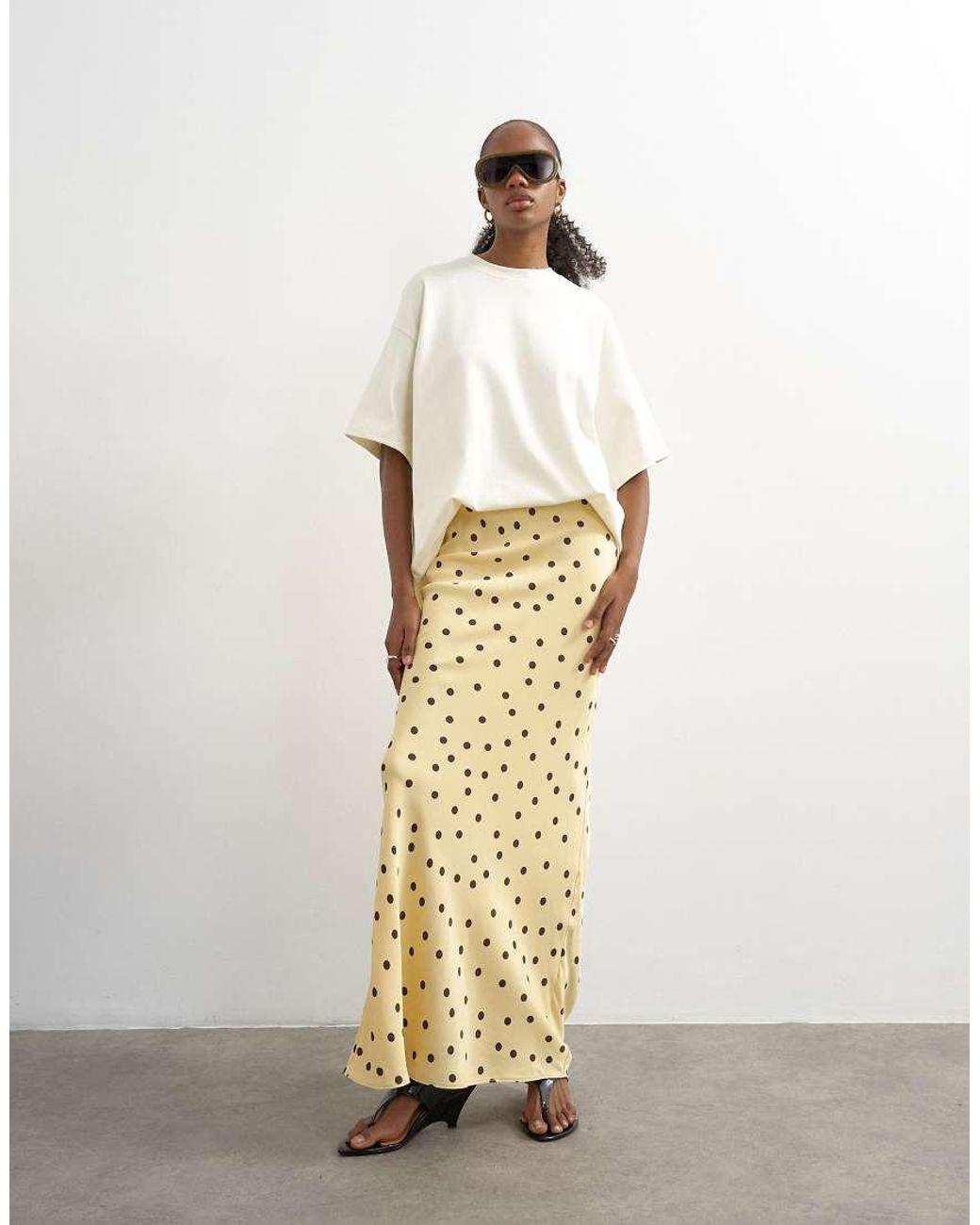 TOPSHOP White Polka Dot Flood Length Satin Bias Maxi Skirt