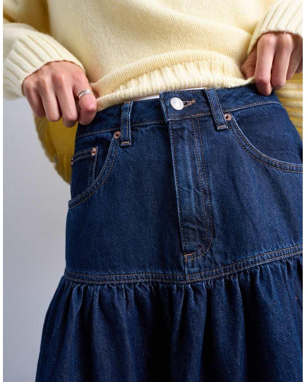 TOPSHOP Blue Denim Maxi Skirt With Gathered Yoke Detail