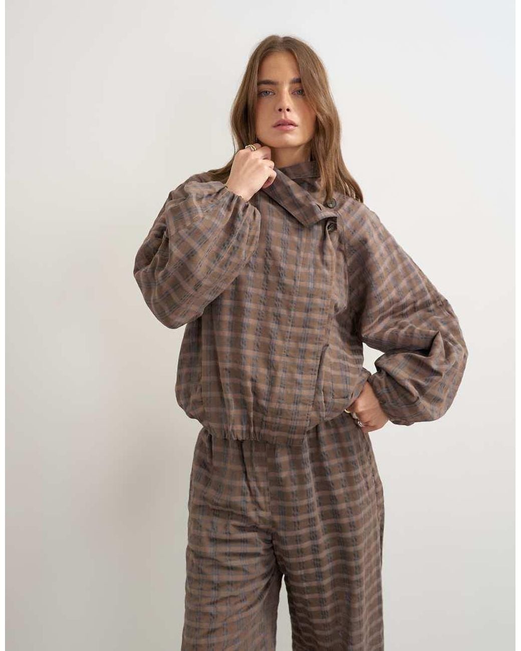 TOPSHOP Brown Set Check Funnel Neck Bomber