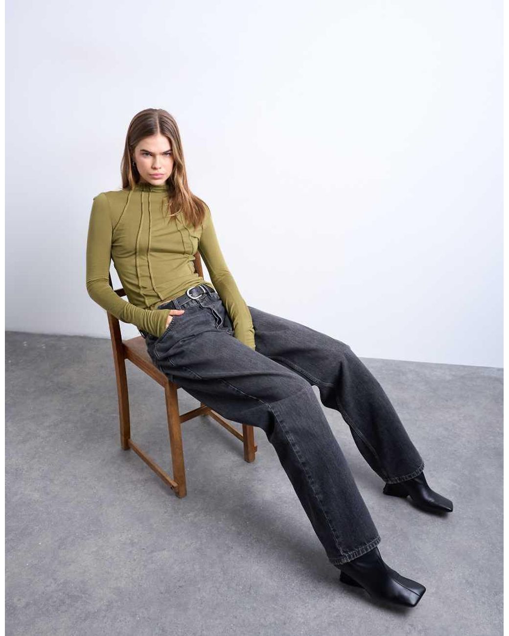TOPSHOP Green High Neck Seam Detail Long Sleeve Top