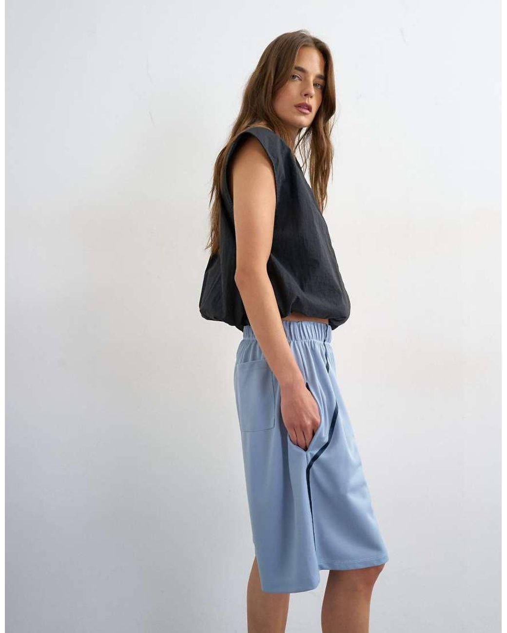 TOPSHOP Blue Longline Piping Detail Sports Shorts