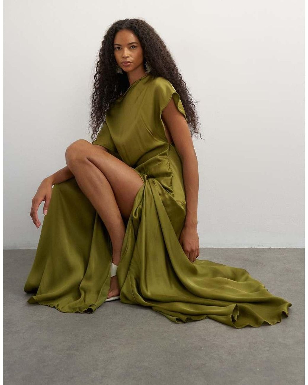 TOPSHOP Green Premium Viscose Satin Dropped Tie Waist Maxi Dress