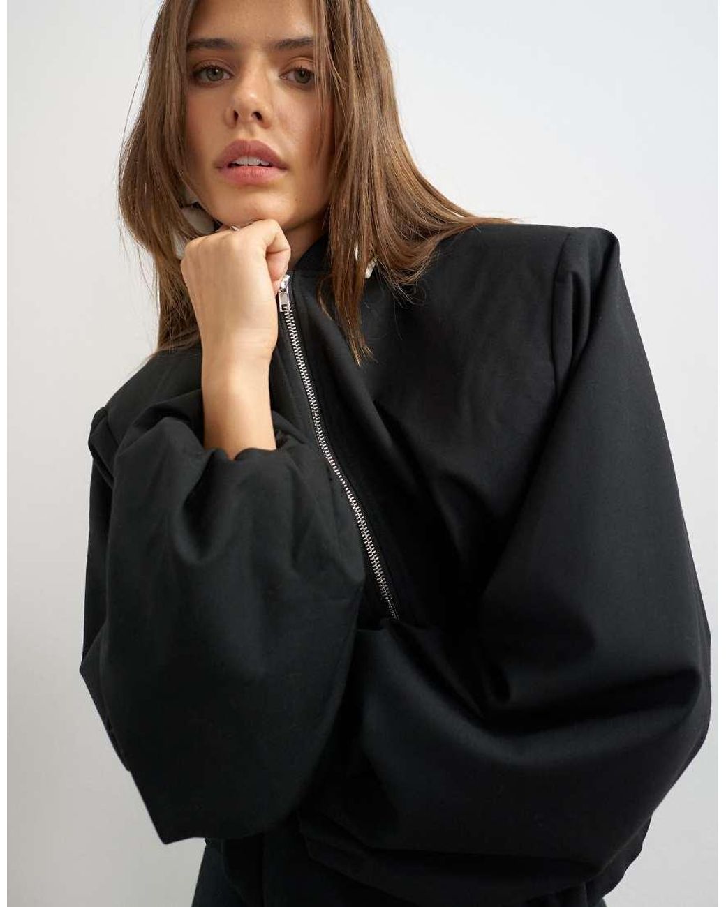 TOPSHOP Black Oversized Zip Up Bomber Jacket