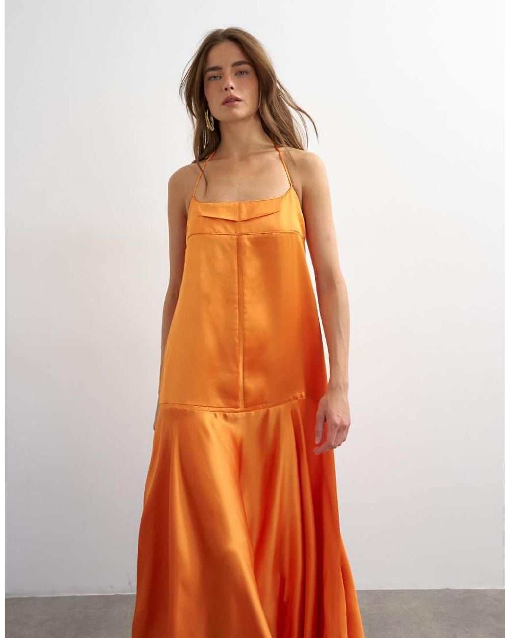 TOPSHOP Orange Satin Seamed Maxi Dress With Piped Edges