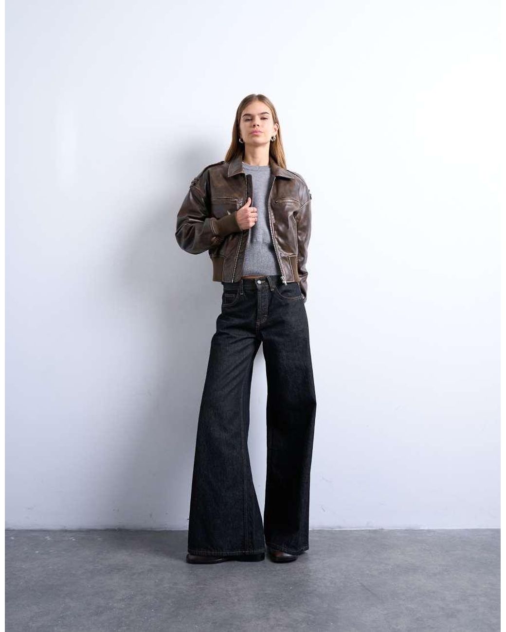 TOPSHOP Gray Faux Leather Ovoid Sleeve Bomber Jacket